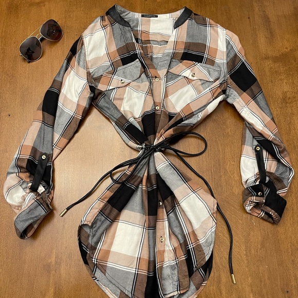 Plaid Tie Up Weekend Casual Dress - Picture 2 of 4
